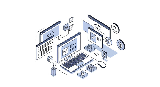 Software Development and Quality Assurance Isometric Illustration with Coding Windows, Bug Testing, and Computer Hardware on White Background