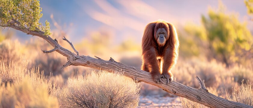 Golden light bathes a solitary orangutan