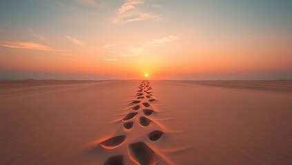 A serene beach landscape at sunset with footprints in the sand