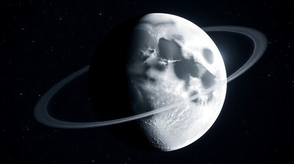 A large moon with a cratered surface and ring system in space