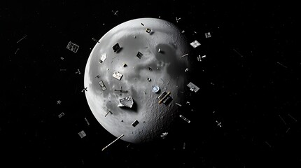 A large moon with debris and space junk floating in orbit around it