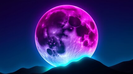 A vibrant pink moon glows brightly in a dark blue night sky