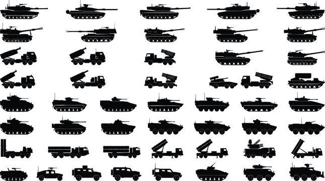Large collection of military vehicle silhouettes including tanks, armored trucks, missile launchers, artillery, and combat transport for army warfare design, assets.