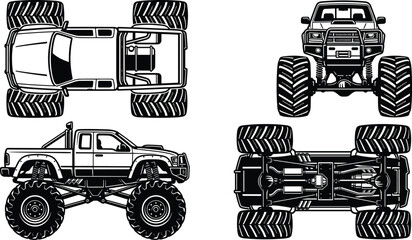 Monster truck vector illustration set showing top, side, front, and bottom chassis views for automotive design, off-road racing, and engineering. © Mst