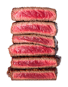 A vertical stack of thick steak slices. Ideal for culinary content, food education, restaurant marketing, and cooking guides. PNG image isolated on transparent background.