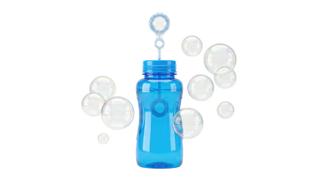 Blue bubble solution bottle with wand and floating bubbles