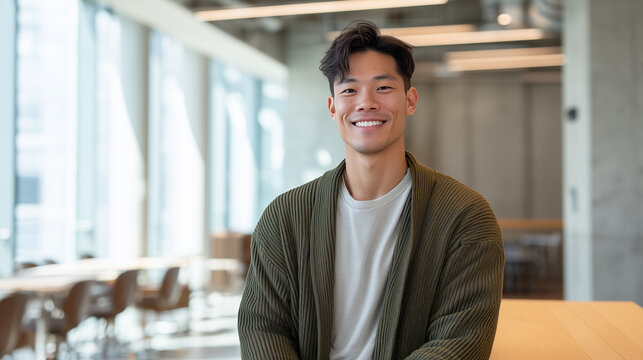 スタートアップオフィスでリラックスした表情の若い男性 ｜ 温かな笑顔