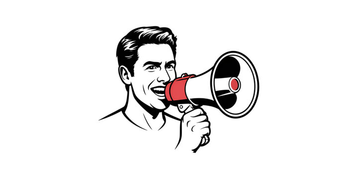 Person speaking loudly into a megaphone with animated sound waves Vector