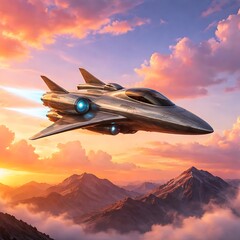 A futuristic spaceship flies over a mountain range at sunset with clouds