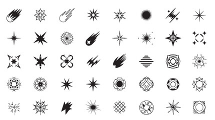 Y2K Retro Futuristic Graphic Elements Set, Cyberpunk Brutalist Shapes, Abstract Starbursts, Meteors and Mandala Icons for Streetwear Design © Shahnaz