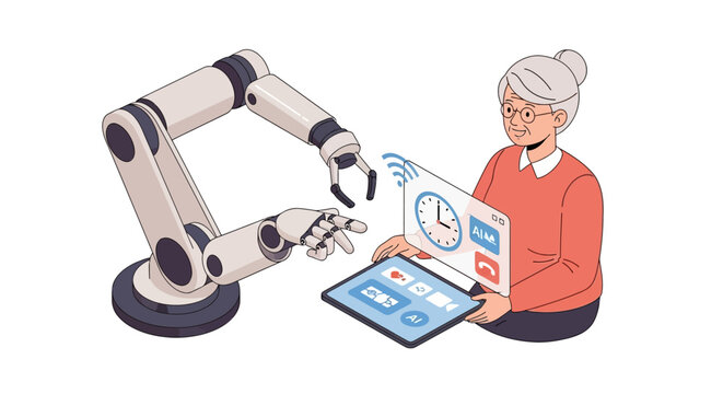 Senior Woman Interacting with Robotic Arm and AI Interface via Tablet - Assistive Technology and Future Healthcare for Elderly Care Concept