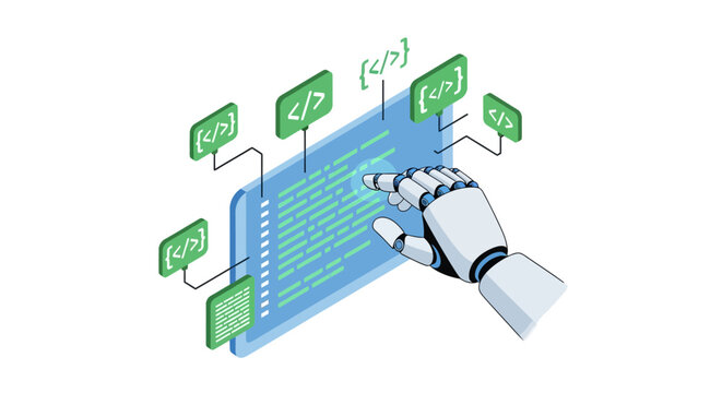 Isometric AI Robot Hand Coding on Digital Screen - Artificial Intelligence Software Development and Automated Programming Concept