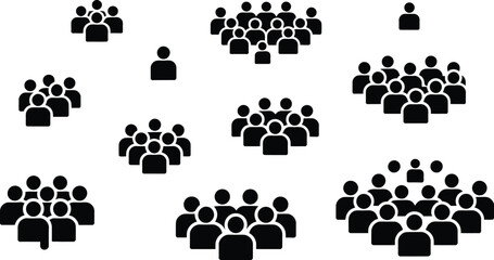Fototapeta premium People silhouettes, diverse crowd groups showing different formations and densities, black solid icons representing teamwork, society, and population concepts