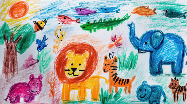 Child drawing zoo animal lion elephant tiger
