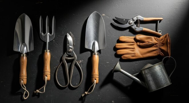 Assortment of gardening tools including trowels fork secateurs gloves and watering can arranged on a dark textured surface