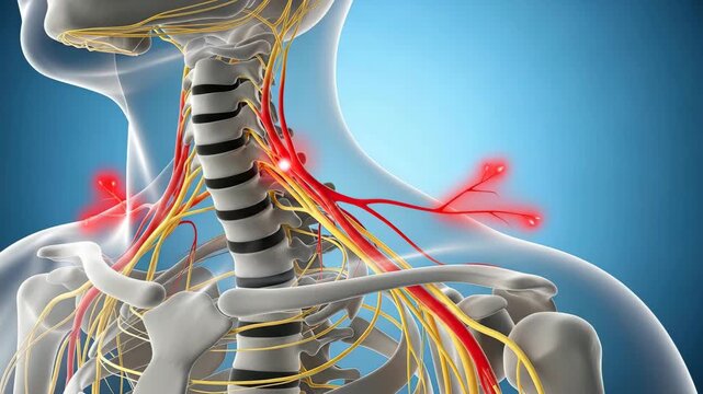 3d rendered illustration of human dna spine and anatomy combined with computer network cables and technology infrastructure