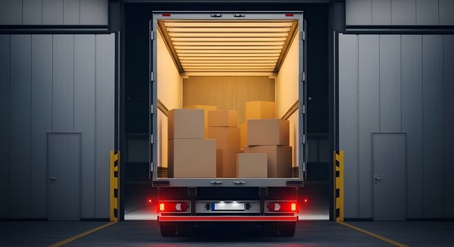 Truck loaded with cardboard boxes in warehouse loading dock gray walls