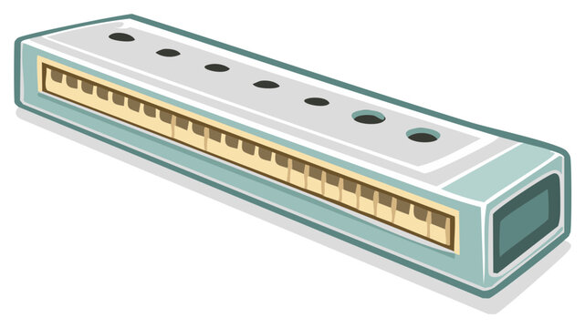 Close-up of a long, light blue harmonica with a beige keyboard-like section and dark circular holes