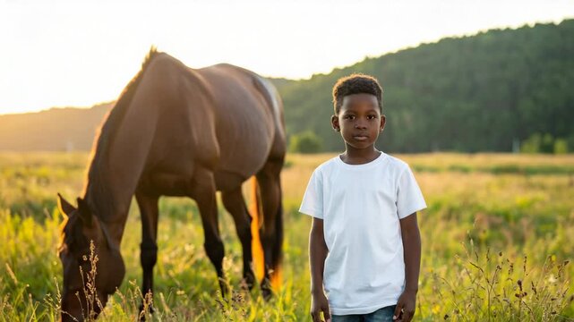 Young Black boy and horse in a golden sunlit meadow at sunset