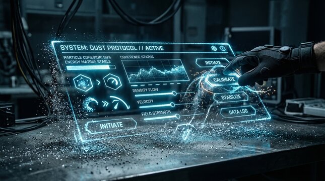 Close up of hand operating complex glowing blue digital hud interface in dark laboratory environment, future computer research, scifi technology concept.