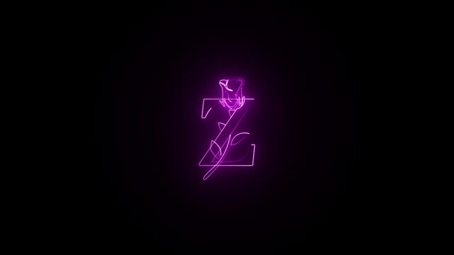 Animated neon letter Z with rose graphic glowing in pink on black background, motion footage
