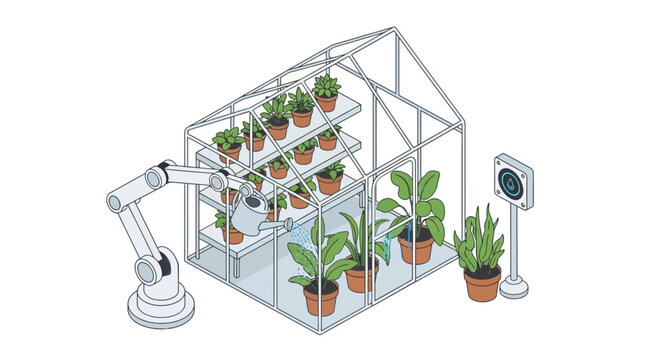 Smart Greenhouse with Robotic Arm Watering Plants - Isometric Illustration of Automated Agriculture and Future Farming Technology