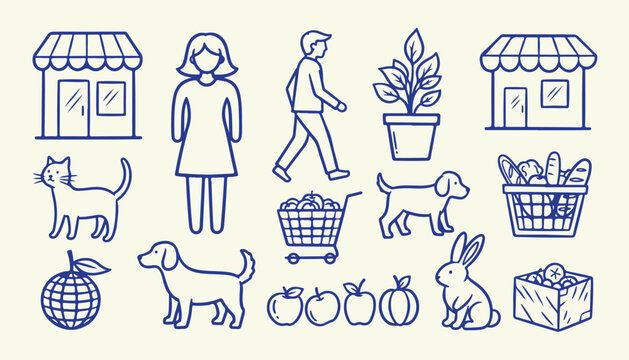 Outdoor shopping and lifestyle line art elements with walking figures pets and groceries.
