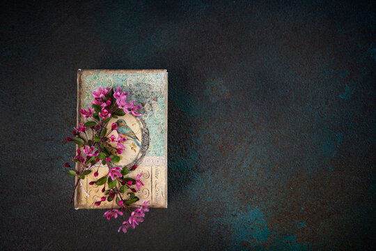 Cherry blossom flower kept on a book 