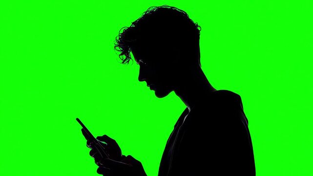 Silhouette of young teenager male texting on smartphone on empty green screen. Face, green screen and man with smartphone, typing on phone chroma key