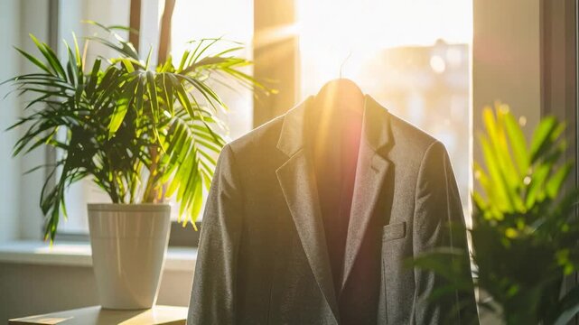 Elegant grey blazer hanging by a sunlit window with a vibrant green plant