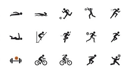Fototapeta premium A collection of black icons depicting various athletic sports activities for fitness and exercise isolated on white background