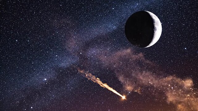 Space, meteor, moon, galaxy, stars, meteorite, explosion, fire, trail, cosmos