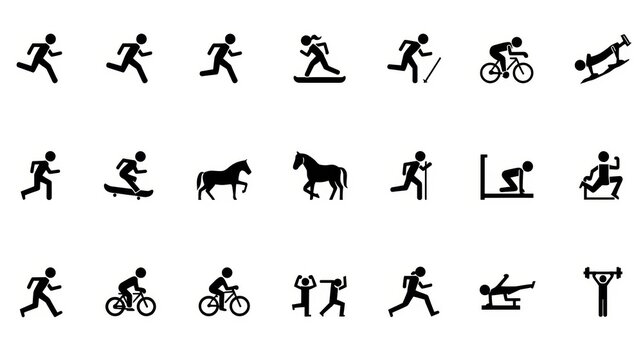 A collection of black stick figure icons showing various athletic and recreational activities. isolated on white background