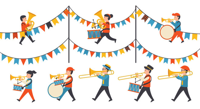 Ten cartoon marching band members play brass instruments and drums under colorful pennant banners on a white background.