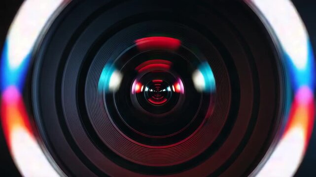 A professional macro photograph of a digital DSLR camera lens with glass reflections isolated on a black studio background highlighting optical technology and zoom focus