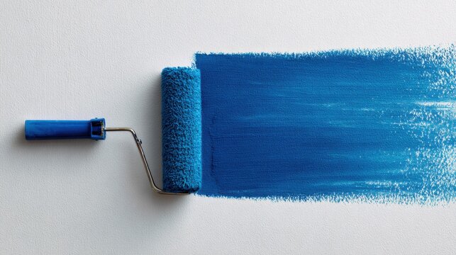 Colorful paint description, Descriptive imagery of blue paint streaks and textured backgrounds, Visual depiction of vibrant blue brush marks against contrasting white and blue wall surfaces