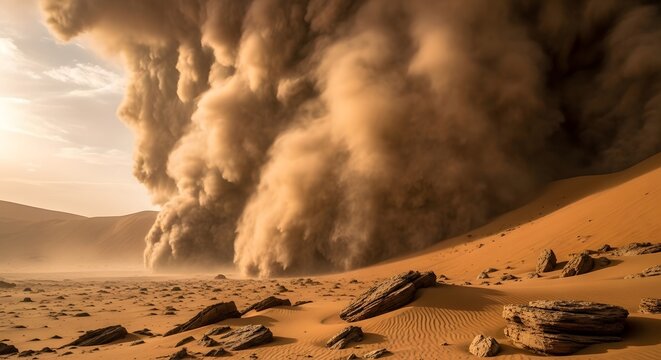Dramatic Dust Storm Wall Rolling Over Arid Desert Landscape