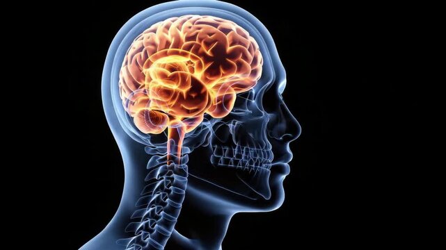 A 3d rendered medical illustration of a human brain x-ray profile showing the skull anatomy and science of the mind to represent intelligence and creative thinking in a blue tech concept