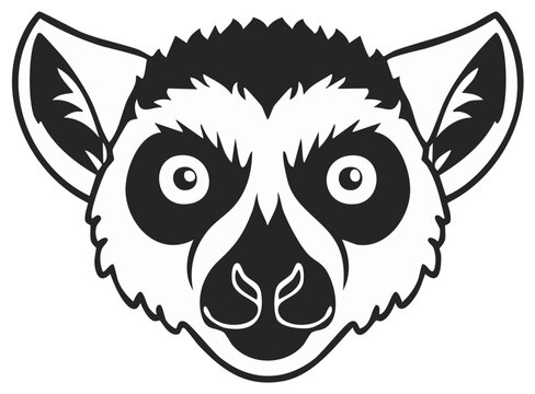 Black and white illustration of a lemur's face with large eyes and distinctive features.
