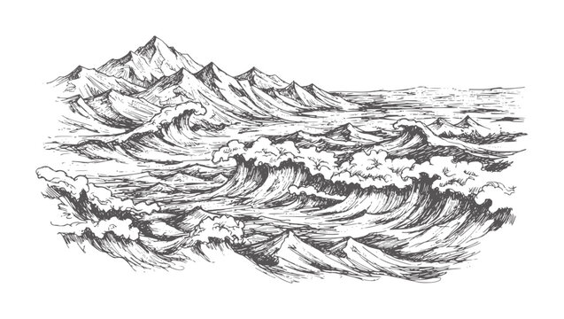 Mountain range overlooking a turbulent ocean with crashing waves water