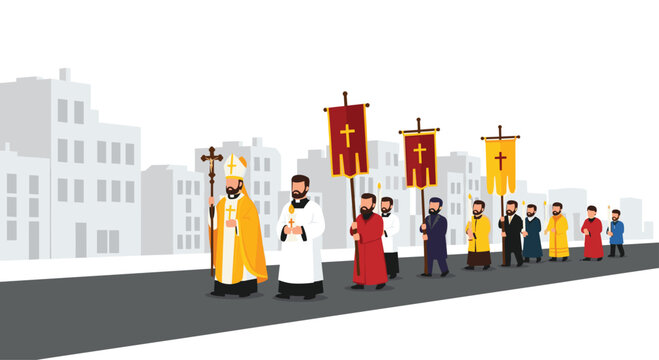 A religious procession with a bishop, priests, and other figures carrying banners and crosses walks along a city street.