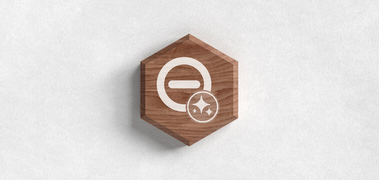 Minimalistisches 3D-Icon mit einem Minus-Zeichen und funkelnden KI-Sternen auf einem h&ouml;lzernen Hexagon, das auf einer hellen, strukturierten Oberfl&auml;che platziert ist, Konzept-Desig