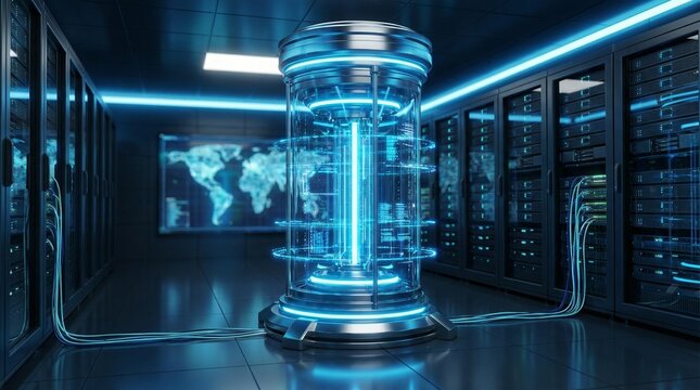 Illuminating cylindrical server processing vast amounts of digital information in a secure data center