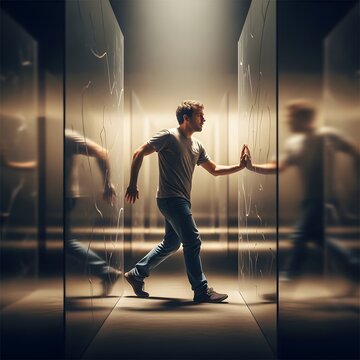 Man interacting with glass panels creating reflections, modern architecture environment with dramatic lighting, representing self reflection and identity, generative ai
