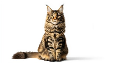 Obraz premium Stylish Maine Coon feline breed with fluffy fur and regal expression photographed in premium isolated studio shot on pure white background