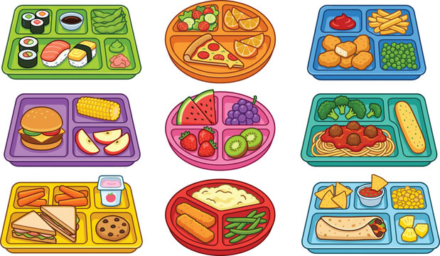 Healthy kids bento lunch boxes set, school meal prep containers, diverse food tray vector illustration