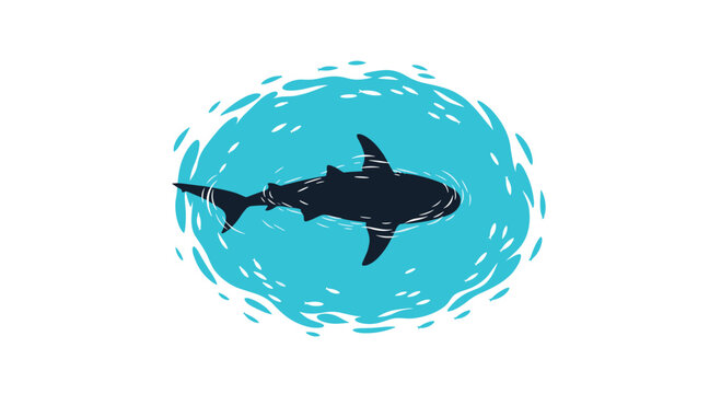A black shark silhouette is surrounded by energetic blue water splashes on a white background, viewed from above.