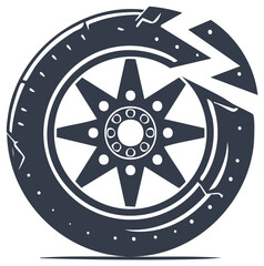 Fototapeta premium Vector icon of a damaged car wheel with a cracked tire and star rim
