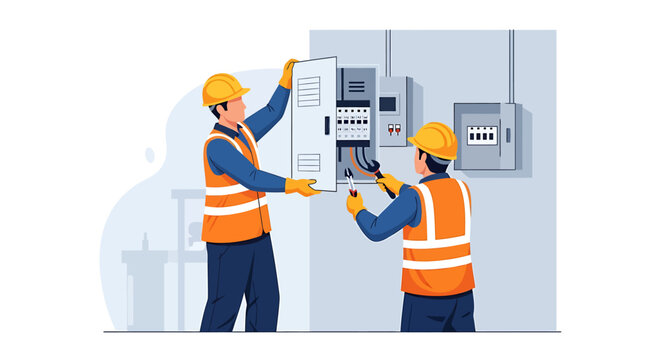 Two electricians working on electrical panel and wires.
