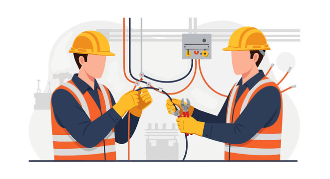 Two electricians working together on electrical wiring installation.